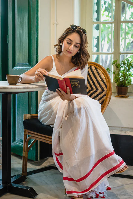 Ivory Charm White Mulmul Cotton Saree with Red Border & Tassels