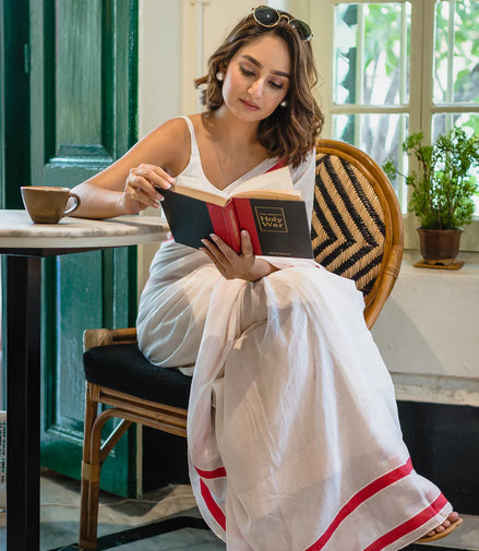 Ivory Charm White Mulmul Cotton Saree with Red Border & Tassels