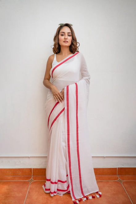 Ivory Charm White Mulmul Cotton Saree with Red Border & Tassels