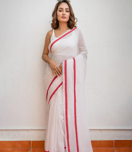 Ivory Charm White Mulmul Cotton Saree with Red Border & Tassels