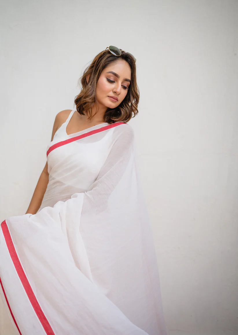 Ivory Charm White Mulmul Cotton Saree with Red Border & Tassels