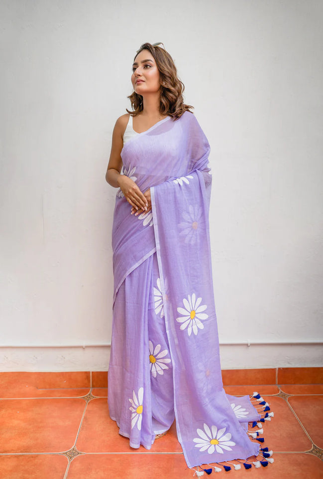 Lavanya Lilac Mulmul Cotton Saree with Floral Prints