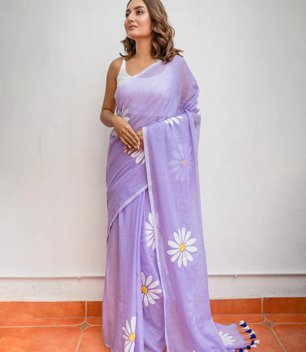 Lavanya Lilac Mulmul Cotton Saree with Floral Prints