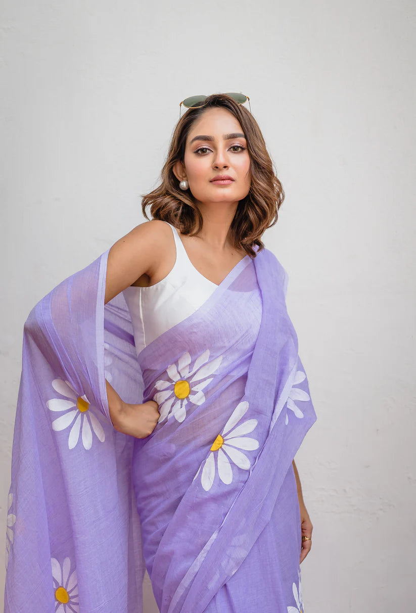 Lavanya Lilac Mulmul Cotton Saree with Floral Prints