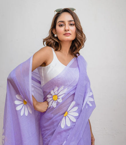 Lavanya Lilac Mulmul Cotton Saree with Floral Prints