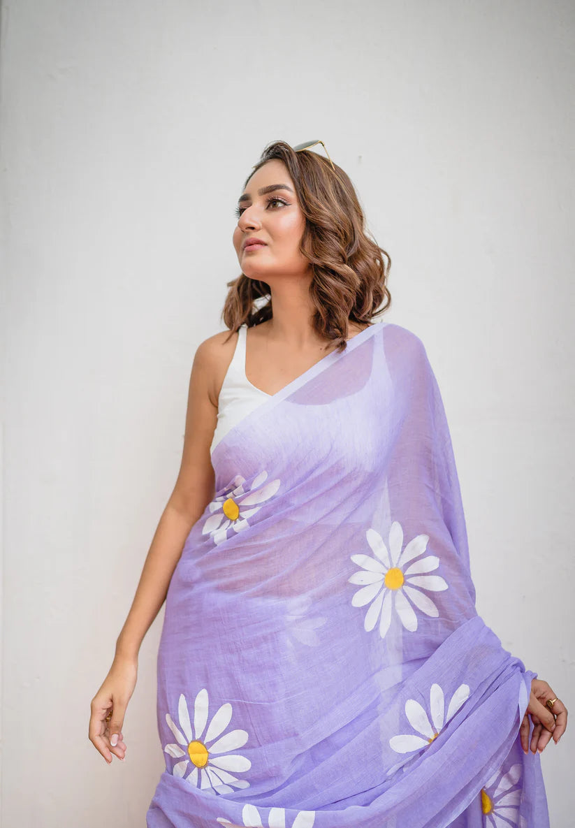 Lavanya Lilac Mulmul Cotton Saree with Floral Prints