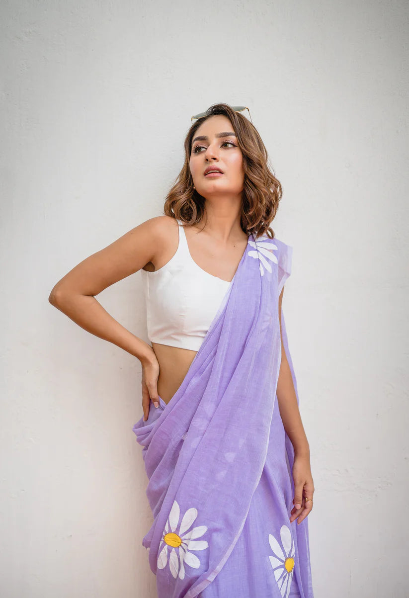 Lavanya Lilac Mulmul Cotton Saree with Floral Prints