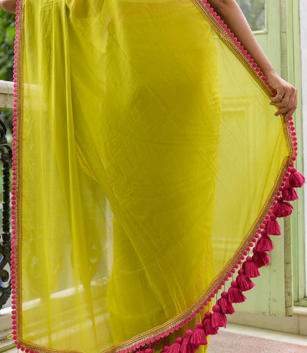 Neon Charm Mul Cotton Saree with Tassels