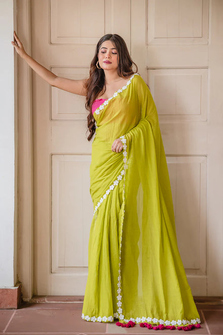 Neon Green Mulmul Cotton Saree with Daisy Lace & Tassel Detailing