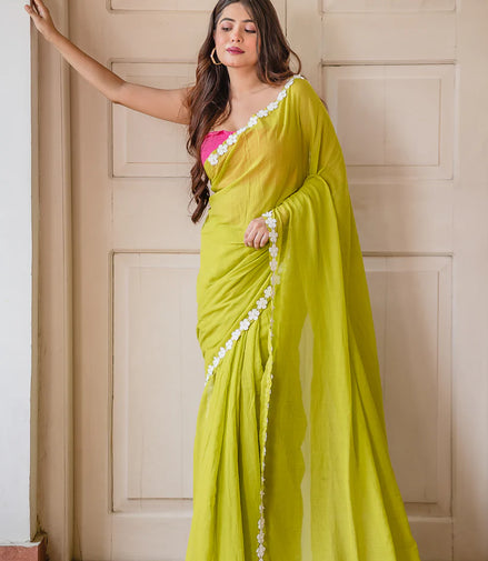Neon Green Mulmul Cotton Saree with Daisy Lace & Tassel Detailing
