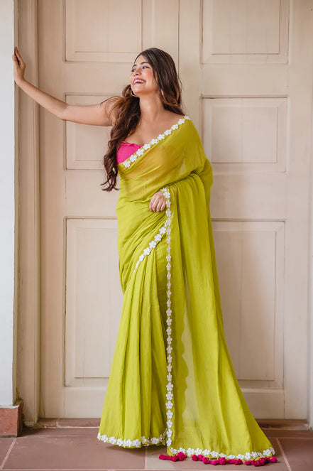 Neon Green Mulmul Cotton Saree with Daisy Lace & Tassel Detailing