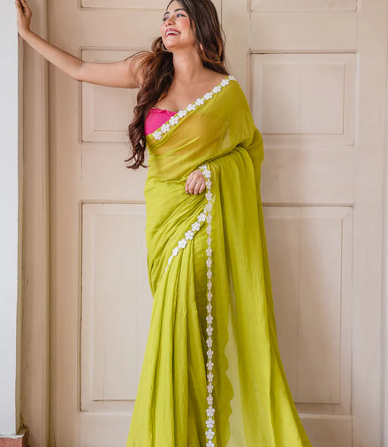 Neon Green Mulmul Cotton Saree with Daisy Lace & Tassel Detailing