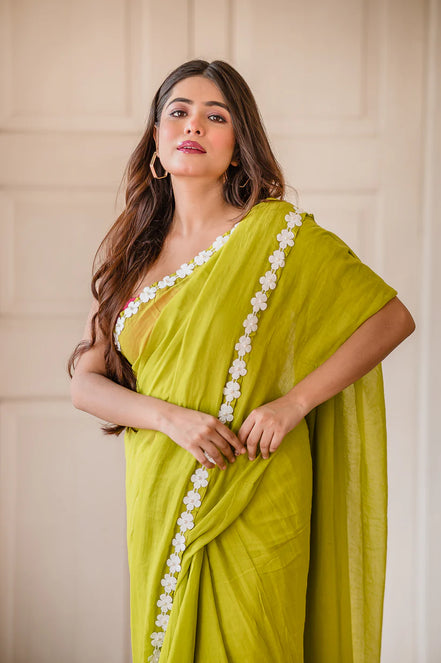 Neon Green Mulmul Cotton Saree with Daisy Lace & Tassel Detailing