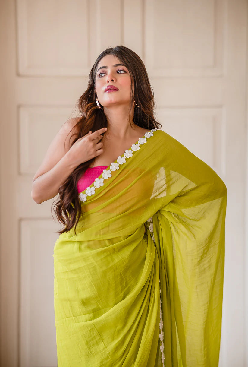 Neon Green Mulmul Cotton Saree with Daisy Lace & Tassel Detailing