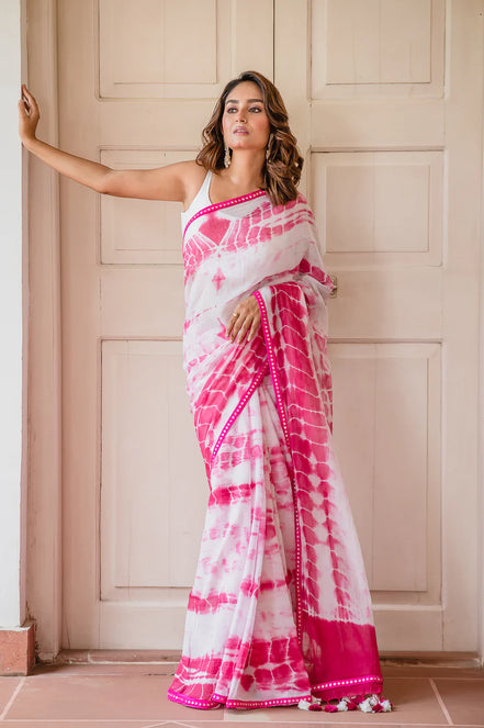 Hot Pink & White Mulmul Cotton Tie-Dye Saree with Tassels
