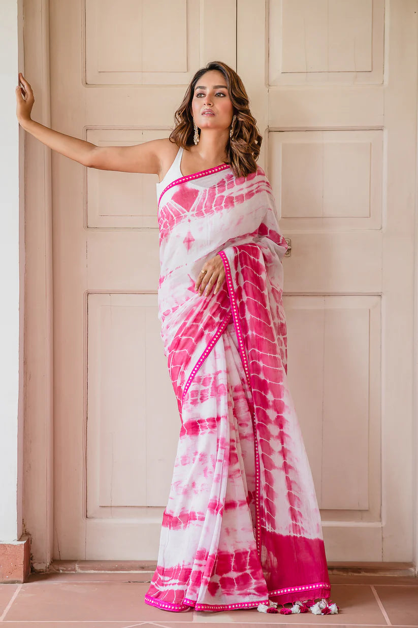 Hot Pink & White Mulmul Cotton Tie-Dye Saree with Tassels