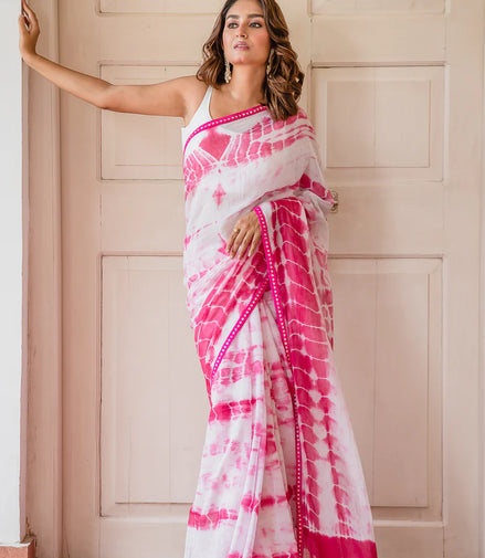 Hot Pink & White Mulmul Cotton Tie-Dye Saree with Tassels