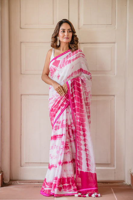 Hot Pink & White Mulmul Cotton Tie-Dye Saree with Tassels