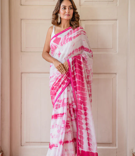 Hot Pink & White Mulmul Cotton Tie-Dye Saree with Tassels