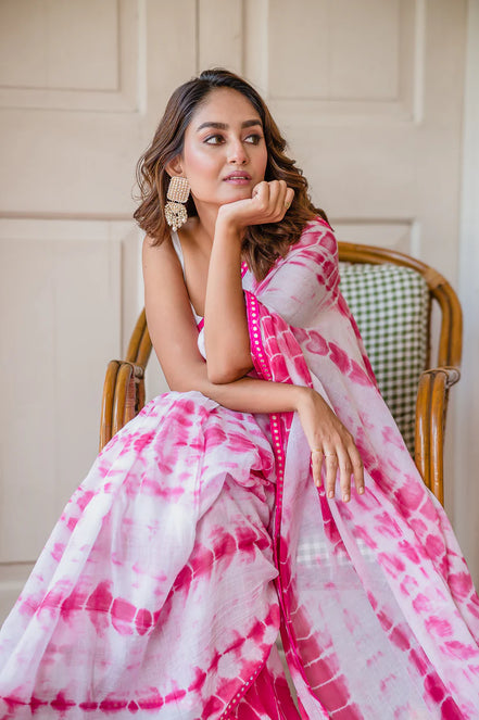 Hot Pink & White Mulmul Cotton Tie-Dye Saree with Tassels
