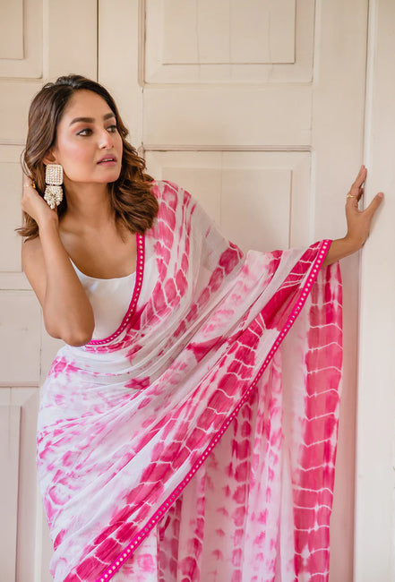 Hot Pink & White Mulmul Cotton Tie-Dye Saree with Tassels