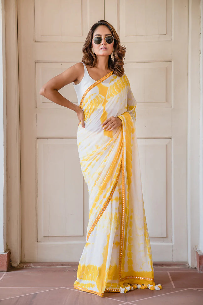 Yellow & White Mulmul Cotton Tie-Dye Saree with Tassels