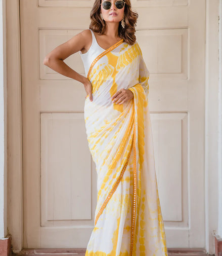 Yellow & White Mulmul Cotton Tie-Dye Saree with Tassels