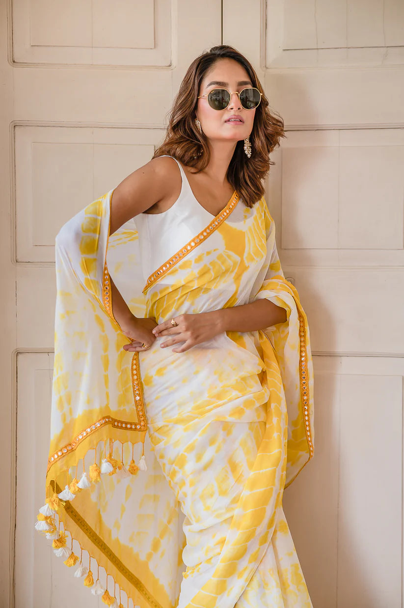 Yellow & White Mulmul Cotton Tie-Dye Saree with Tassels