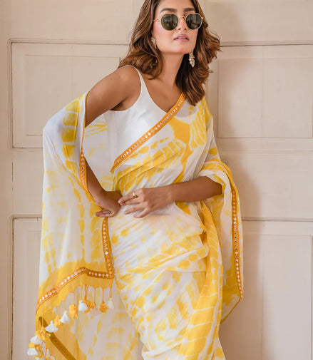 Yellow & White Mulmul Cotton Tie-Dye Saree with Tassels
