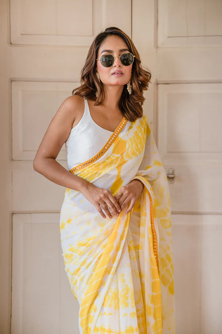 Yellow & White Mulmul Cotton Tie-Dye Saree with Tassels