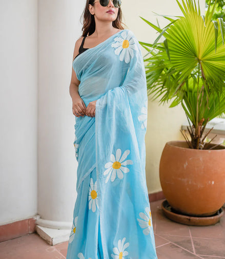 Mrinali Mulmul Cotton Hand-Painted Daisy Saree