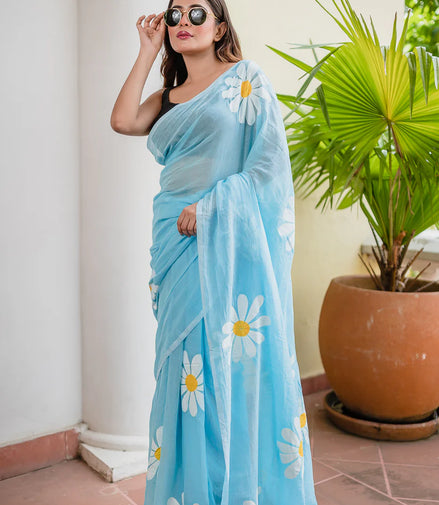 Mrinali Mulmul Cotton Hand-Painted Daisy Saree