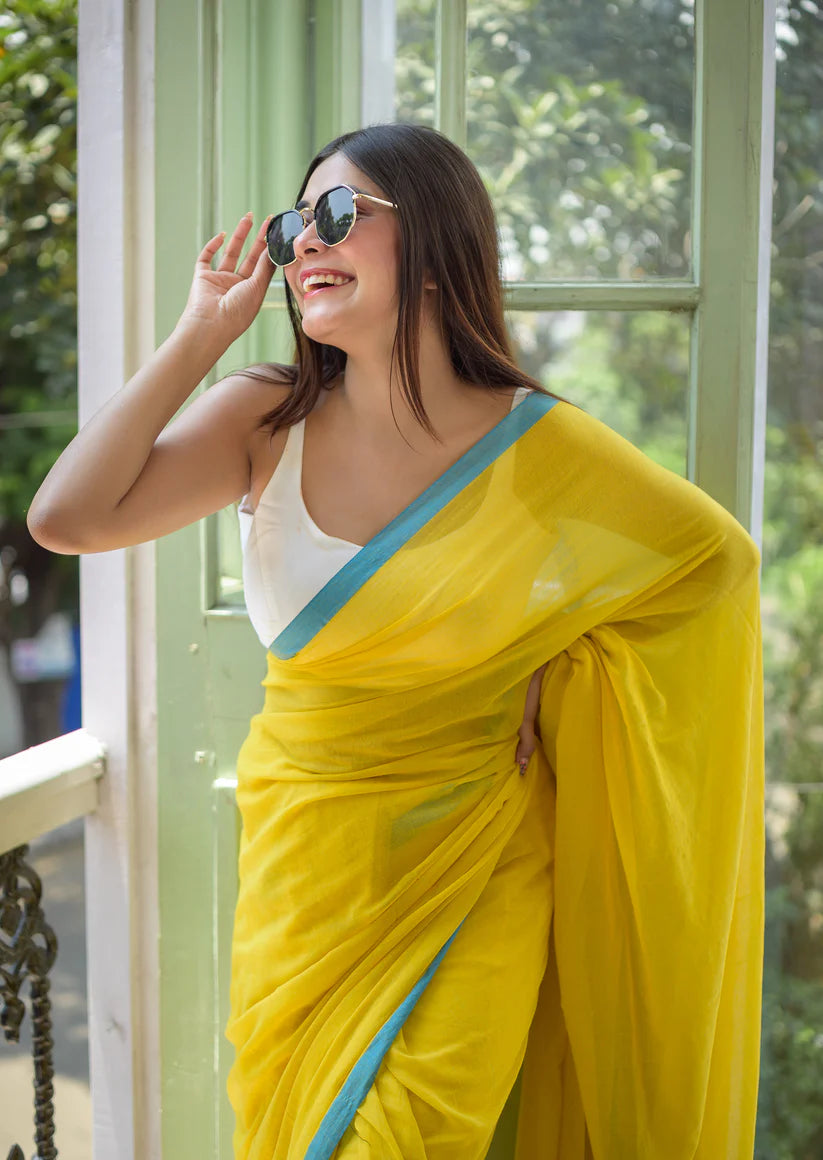 Sunshine Glow Mul Cotton Saree with Blue Tassels