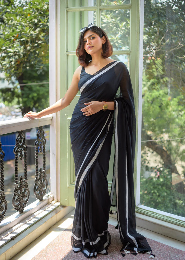 Midnight Grace Black Mulmul Cotton Saree with Tassels & Silver Border
