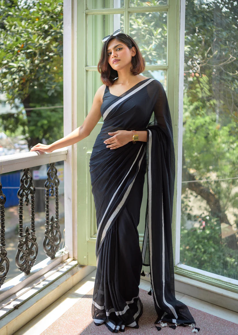 Midnight Grace Black Mulmul Cotton Saree with Tassels & Silver Border