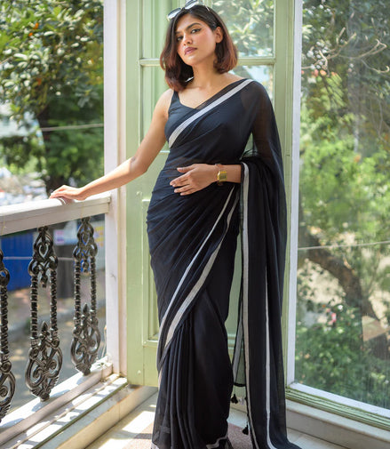 Midnight Grace Black Mulmul Cotton Saree with Tassels & Silver Border