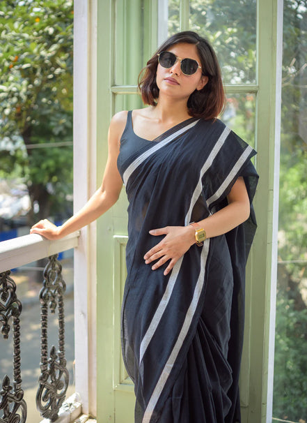 Midnight Grace Black Mulmul Cotton Saree with Tassels & Silver Border