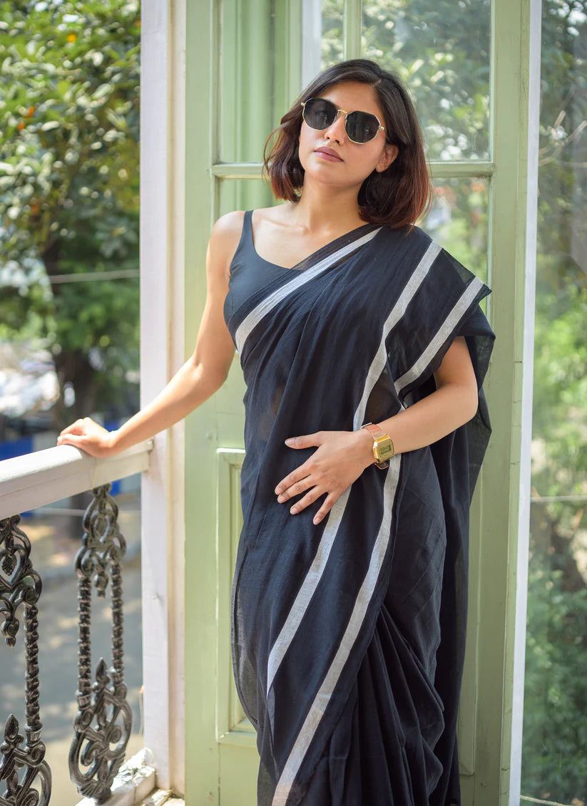 Midnight Grace Black Mulmul Cotton Saree with Tassels & Silver Border