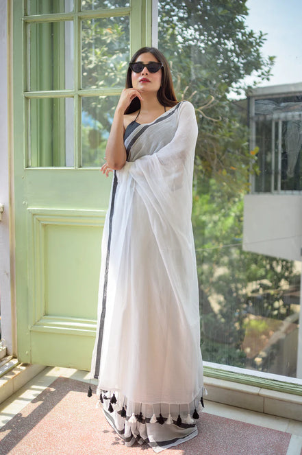 Ethereal White Mulmul Cotton Saree with Black Border & Tassels