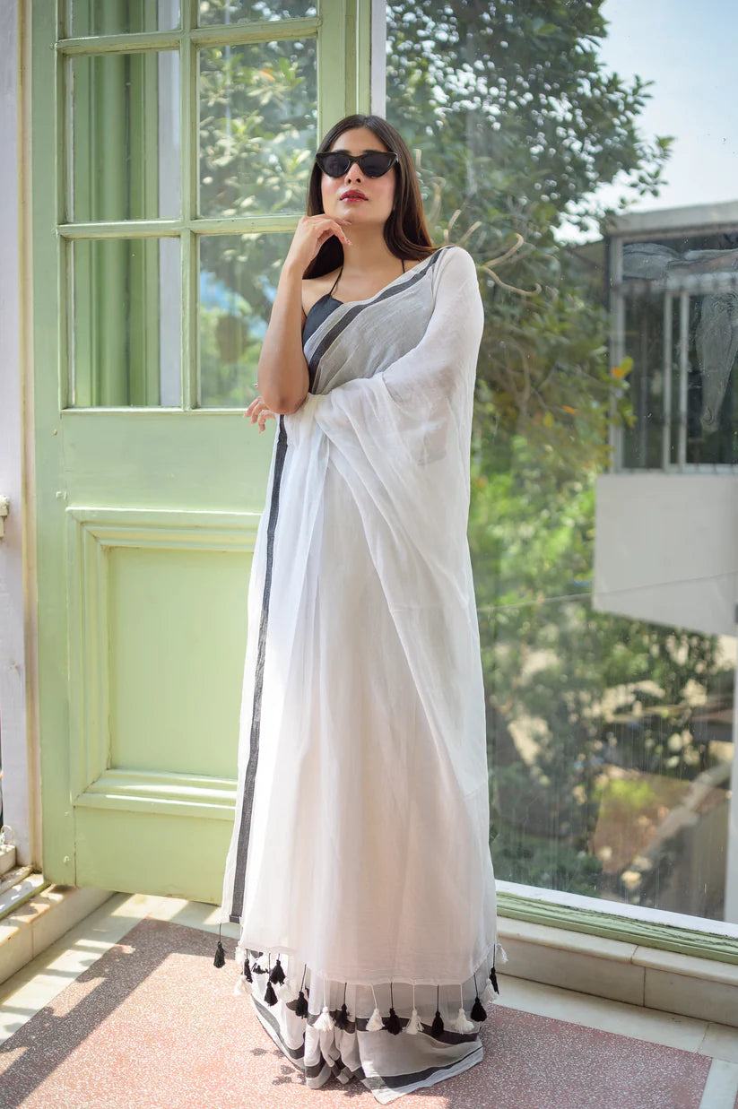 Ethereal White Mulmul Cotton Saree with Black Border & Tassels
