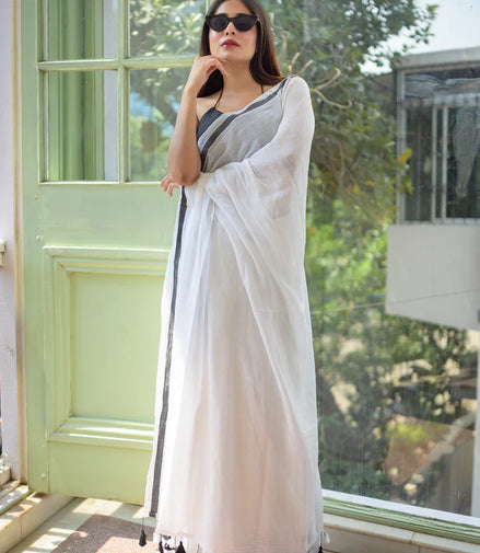 Ethereal White Mulmul Cotton Saree with Black Border & Tassels