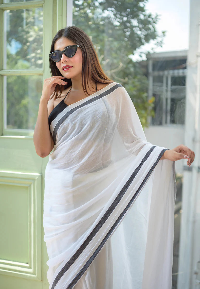 Ethereal White Mulmul Cotton Saree with Black Border & Tassels