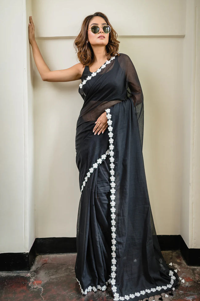 Black Mulmul Cotton Saree with Floral Lace Border