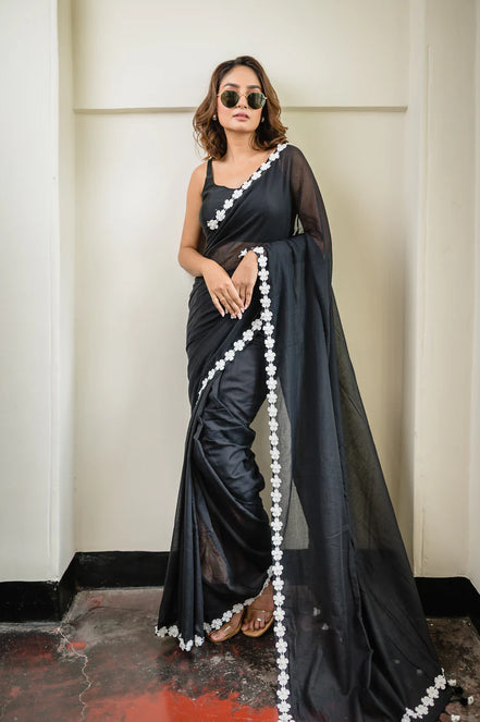 Black Mulmul Cotton Saree with Floral Lace Border