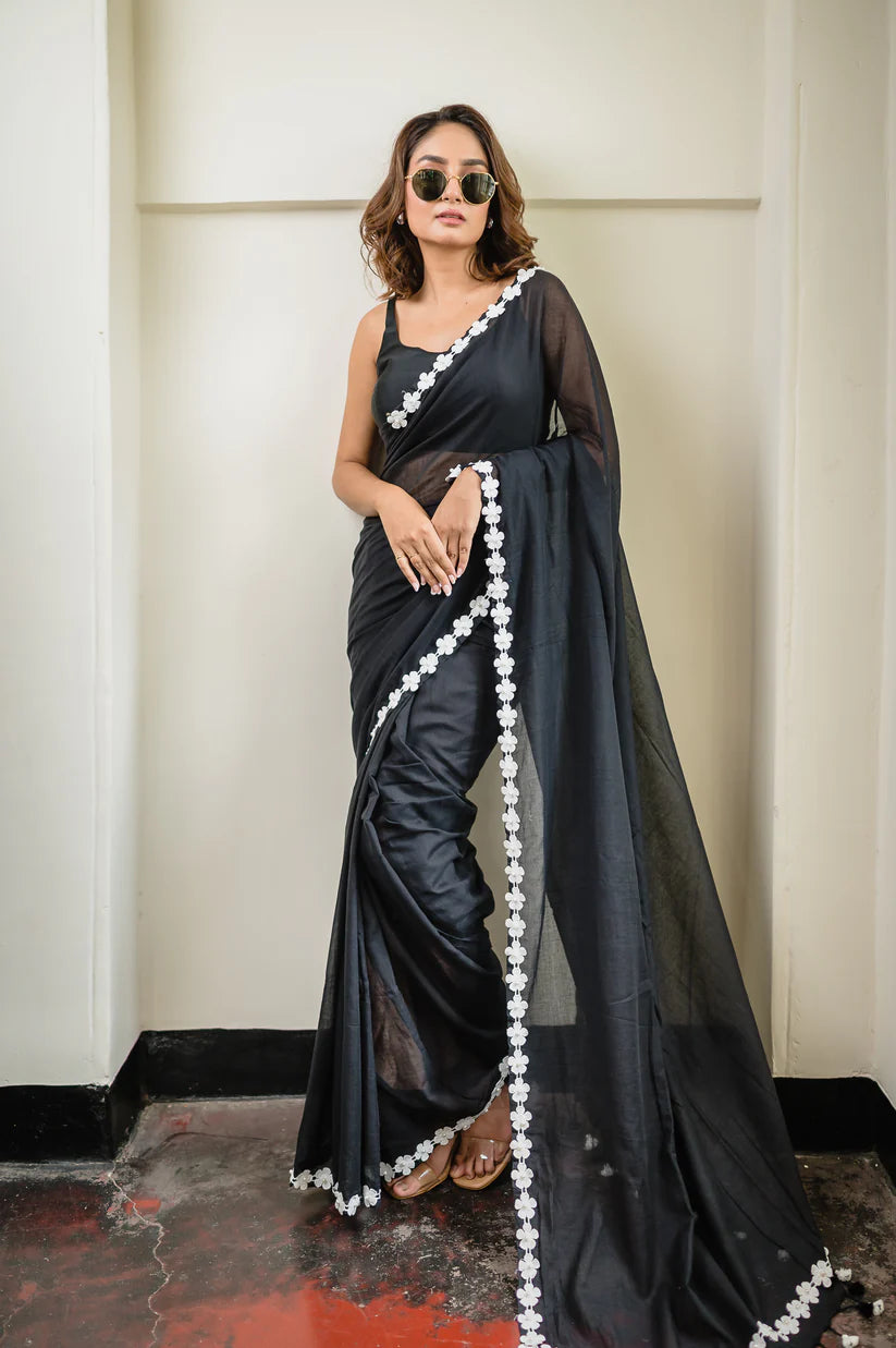 Black Mulmul Cotton Saree with Floral Lace Border