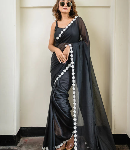 Black Mulmul Cotton Saree with Floral Lace Border