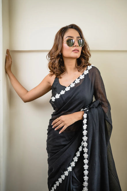 Black Mulmul Cotton Saree with Floral Lace Border
