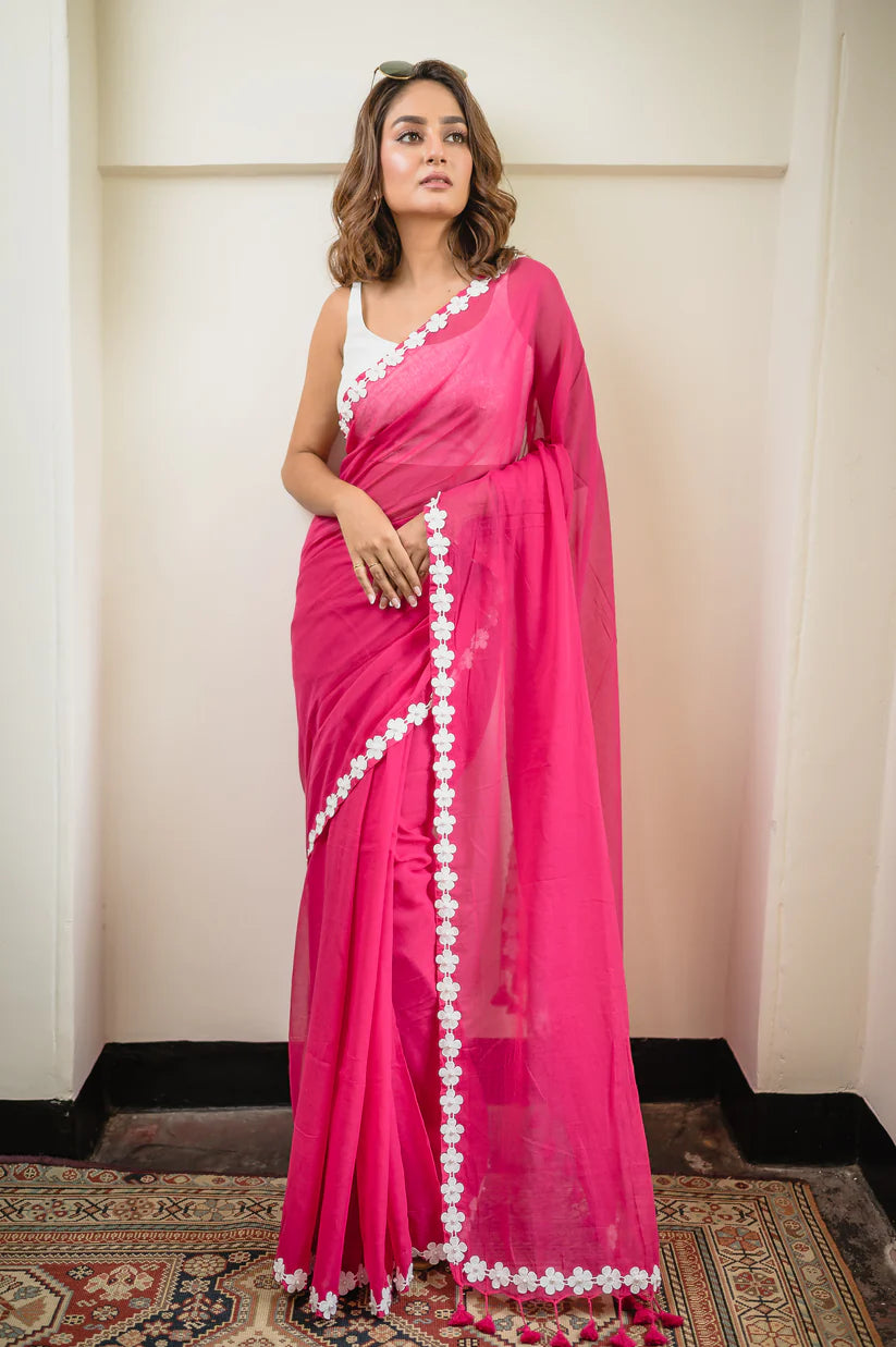 Hot Pink Mulmul Cotton Saree with Daisy Lace & Tassels