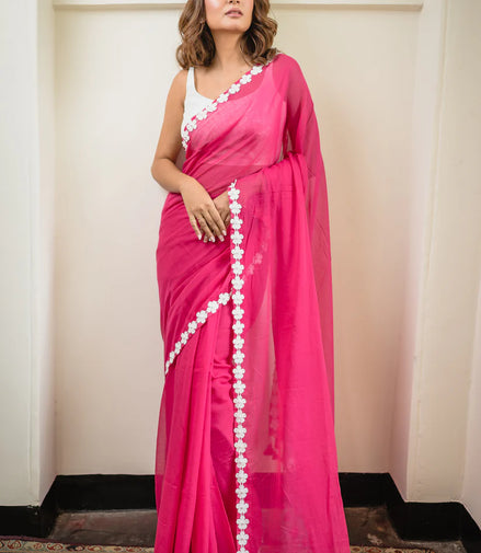 Hot Pink Mulmul Cotton Saree with Daisy Lace & Tassels