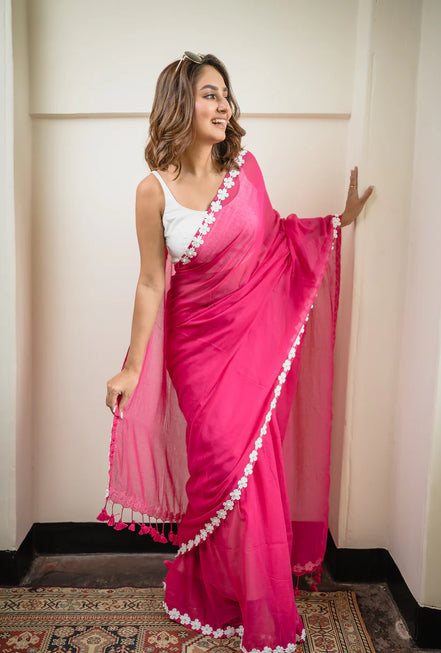 Hot Pink Mulmul Cotton Saree with Daisy Lace & Tassels